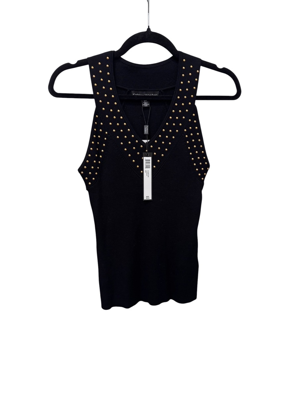 NWT Catherine Malandrino Black Ribbed Studded Knit Tank Top Gold Studs Sz S